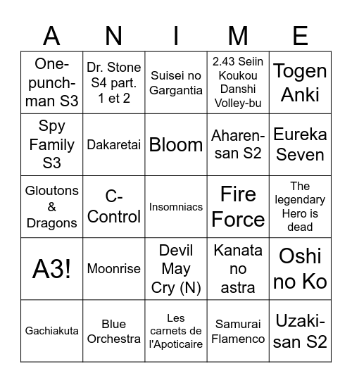 Anime Bingo 2026 Bingo Card