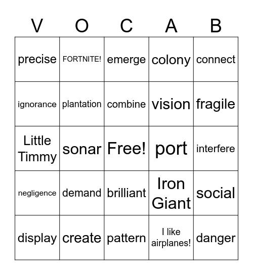 Vocabulary Bingo Card