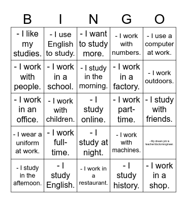 Study and work Bingo Card