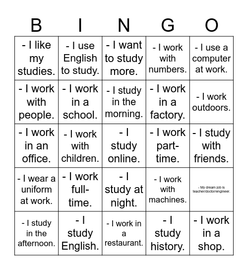 Study and work Bingo Card