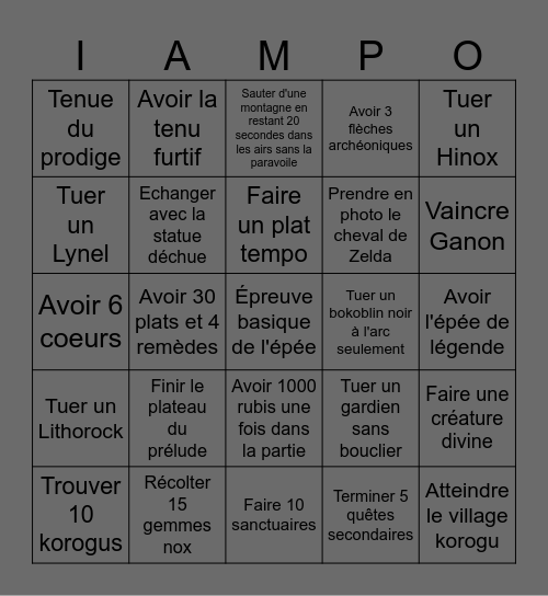 Zelda botw Bingo Card