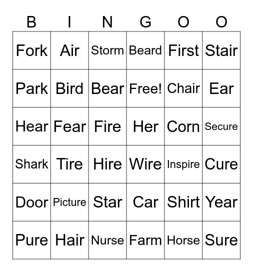 Vocalic R Bingo Card