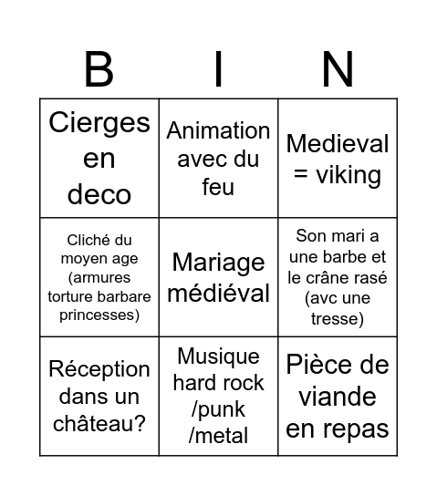 Mariage medieval Bingo Card