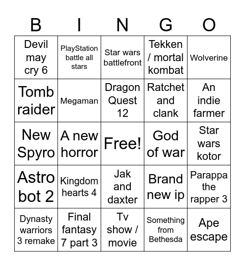 PlayStation State of Play Bingo Card