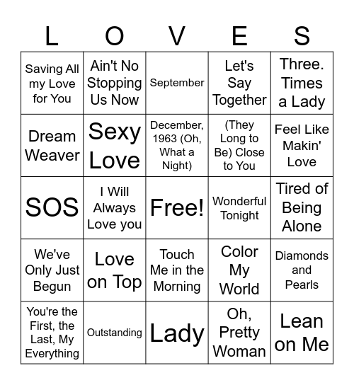 LOVE SONGS Bingo Card