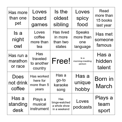 Get to Know You Bingo Card