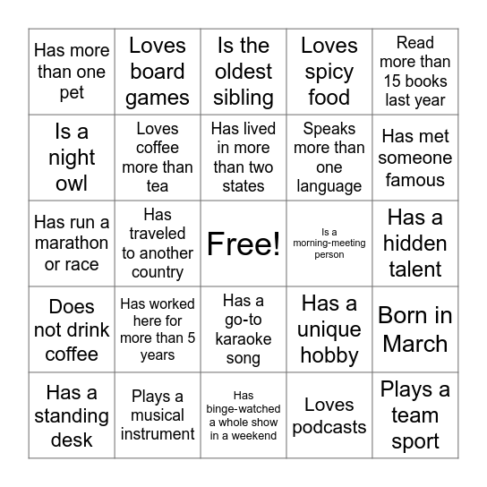 Get to Know You Bingo Card