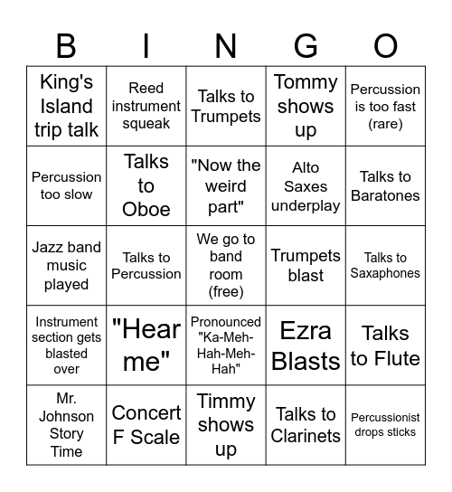 Band Class Bingo Card