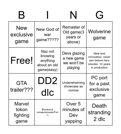 Playstation showcase/Finally Naz streams Bingo Card