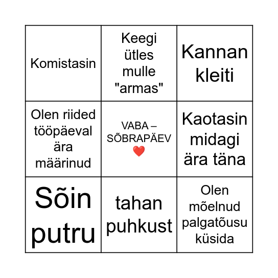 Sõbrapäeva Bingo Card