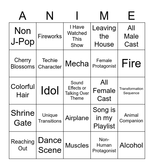 Random Anime Opening Bingo Card