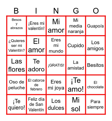 Feliz Dia de San Valentin Bingo Card