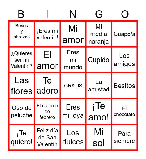 Feliz Dia de San Valentin Bingo Card