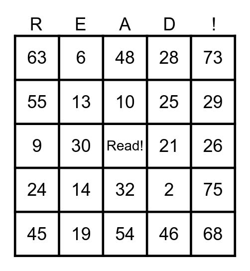 I LOVE TO READ Bingo Card