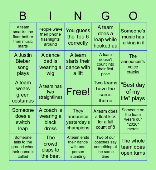 Dance Team State | High Kick Day Bingo Card