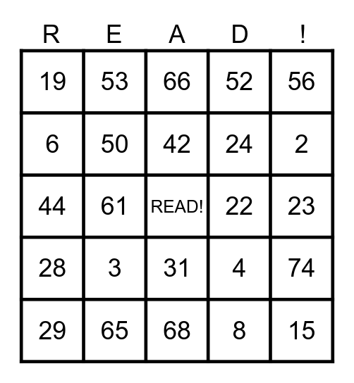 I LOVE TO READ Bingo Card