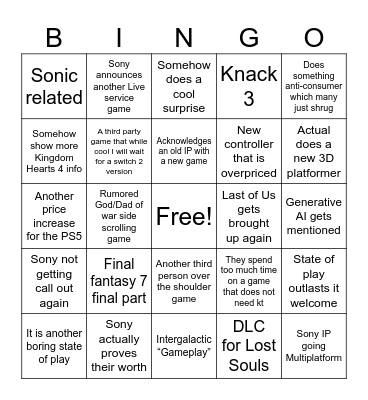 Sony State of Play February 2026 Bingo Card