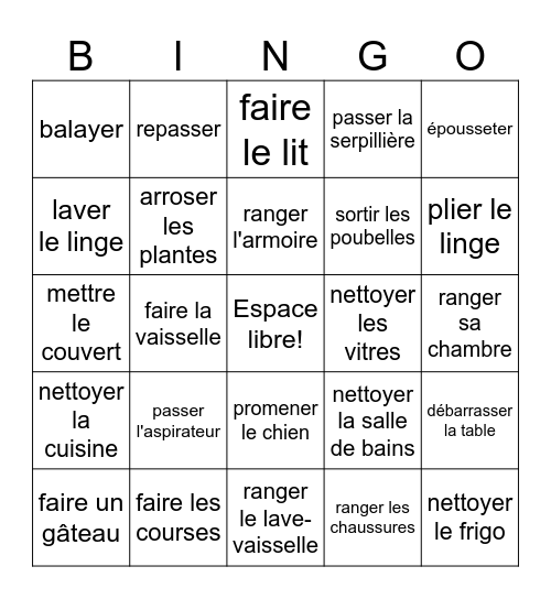 Les tâches ménagères Bingo Card
