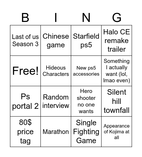 State of Play Bingo Card