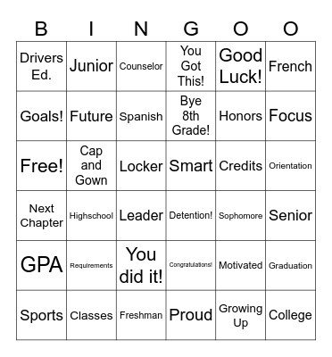 8th Grade Graduation Bingo Card
