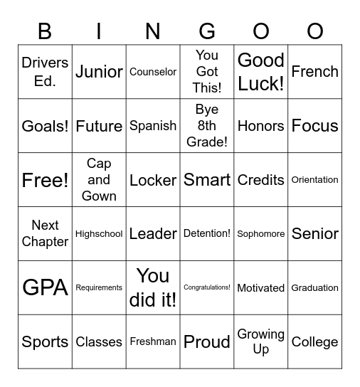8th Grade Graduation Bingo Card
