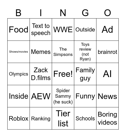 YouTube shorts  Bingo Card