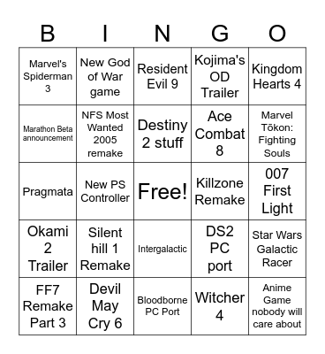 Playstation State of Play Bingo Card