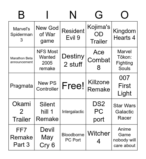 Playstation State of Play Bingo Card