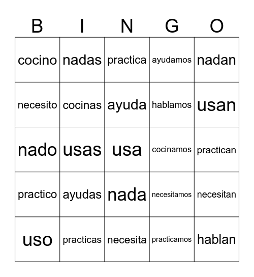 Verb Conjugation Bingo Card