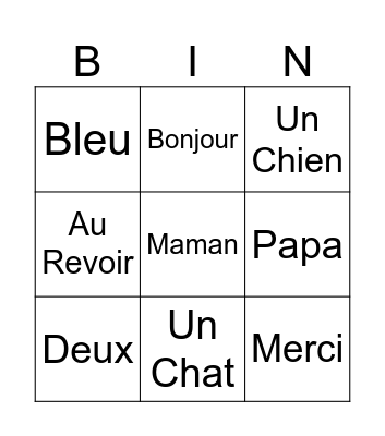 French Vocabulary Bingo Card