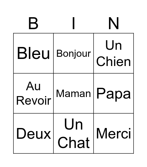 French Vocabulary Bingo Card