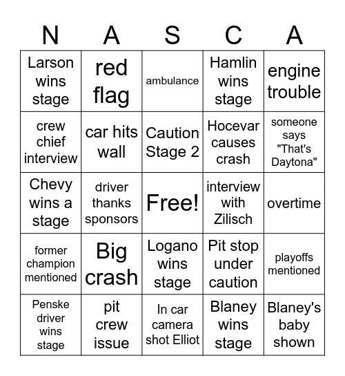 Daytona 500 Bingo Card