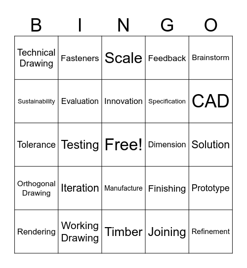 Design Technology Bingo Card