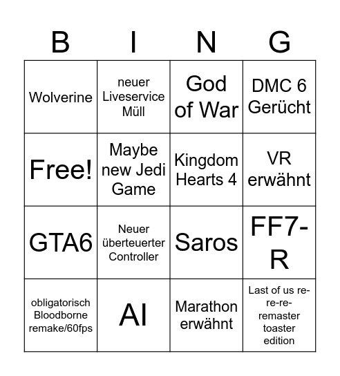 State of Play Bingo Card