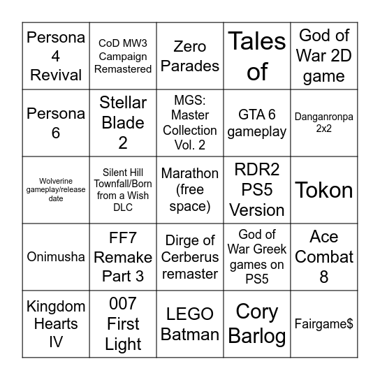 State of Play, Febraury 12th, 2026 Bingo Card