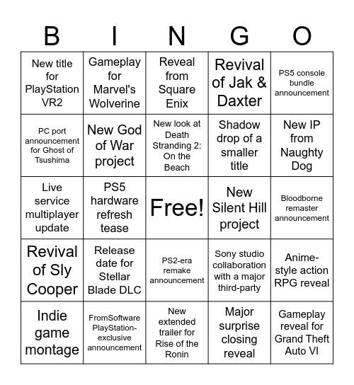 SONY STATE OF PLAY 12.02.2026 Bingo Card