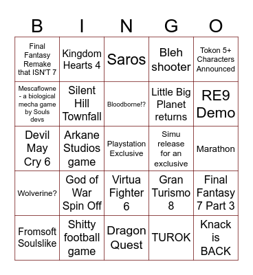 Playstation State of Play February Bingo Card