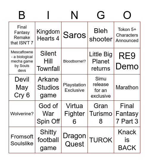 Playstation State of Play February Bingo Card