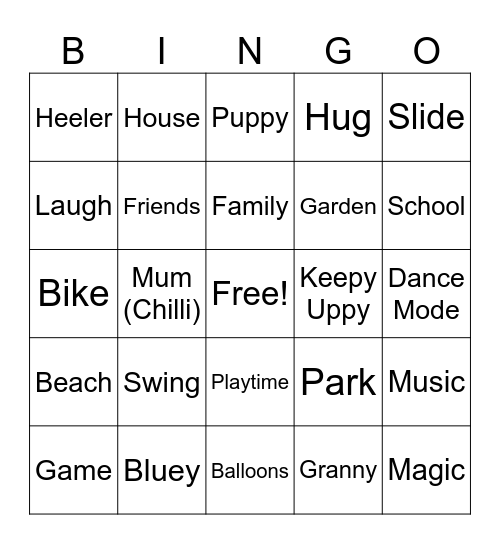 Bailey's Bluey Bingo Card