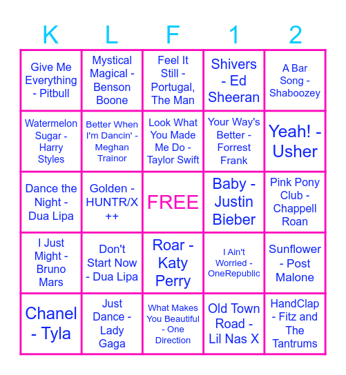 Kendall's Birthday Music Match Bingo Card