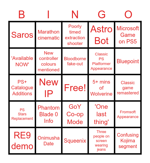 State of Play Bingo Card