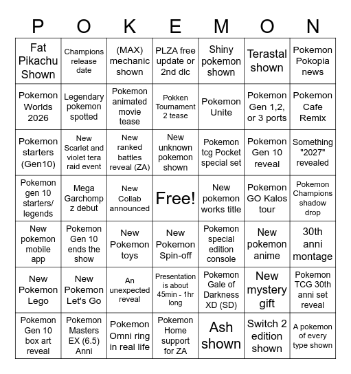 Pokemon 30th anniversary presentation Bingo Card