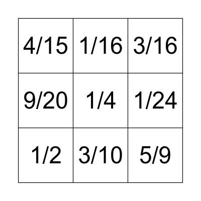 Multiplication of Fractions Bingo Card