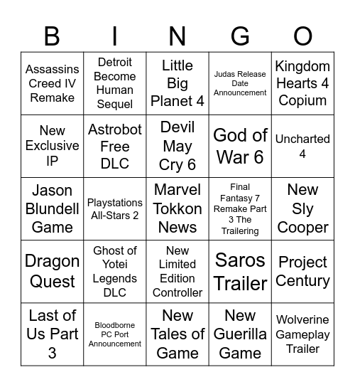 Fay State of Play Bingo Card