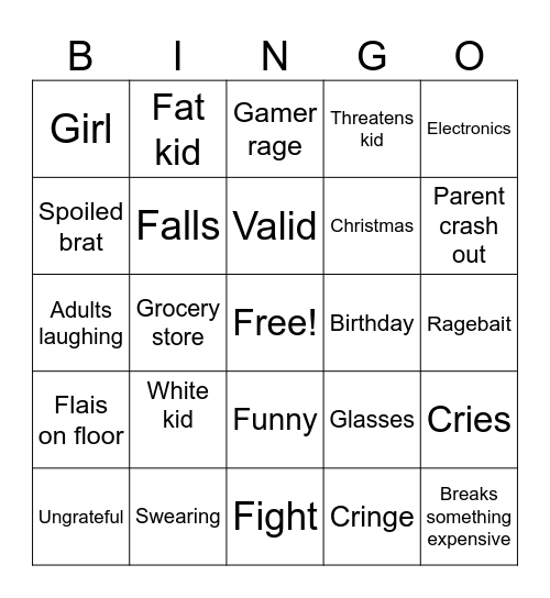 Spoiled kid crash out Bingo Card