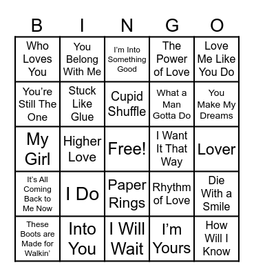 Love Song Music Bingo Card
