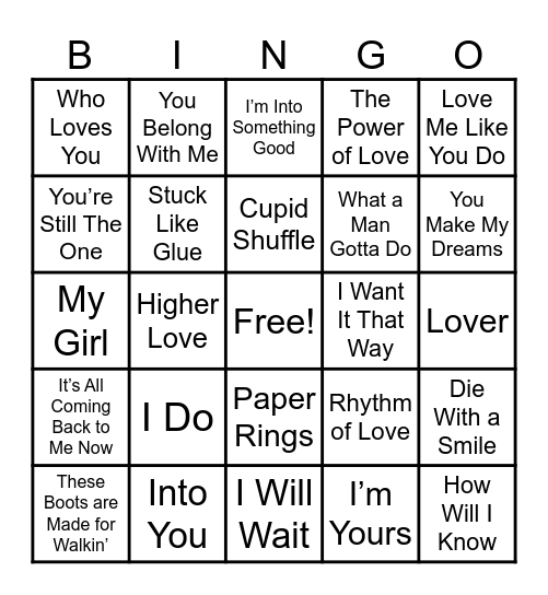 Love Song Music Bingo Card