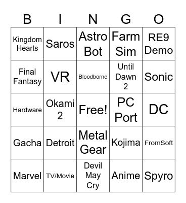 Sony State of Play Bingo Card