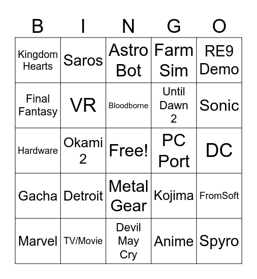 Sony State of Play Bingo Card