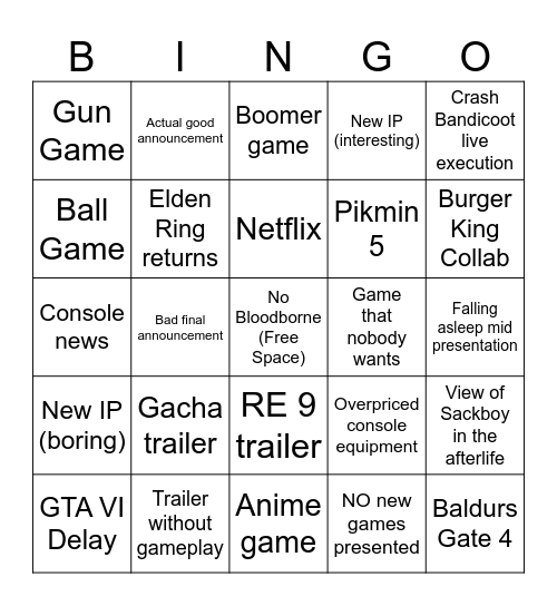 Sony State of Play Bingo Card